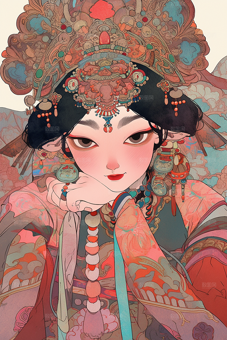 京剧女孩传统风格手绘插画