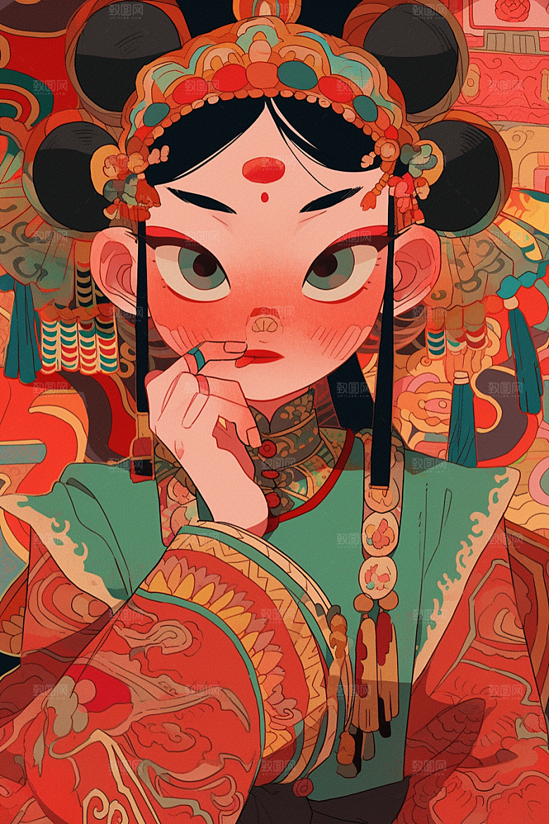 京剧女孩国潮传统风格插画