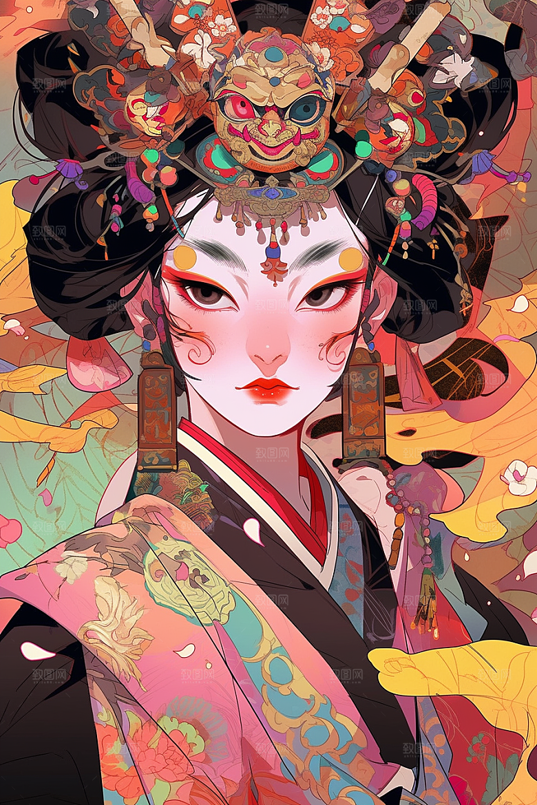 京剧女孩手绘中式插画