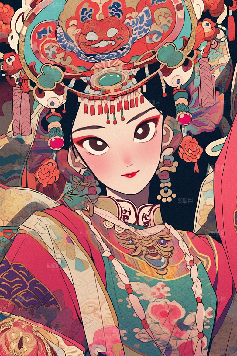 京剧女孩扮相传统风格插画