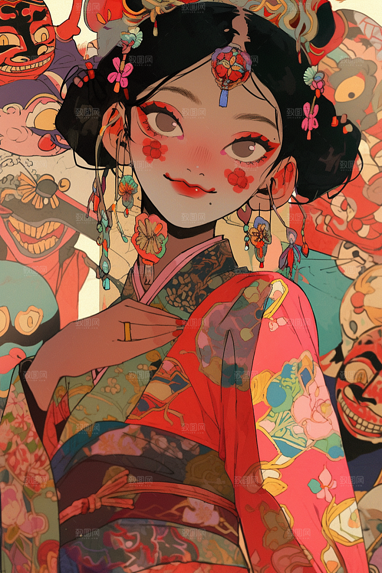 京剧女孩戏剧中式插画