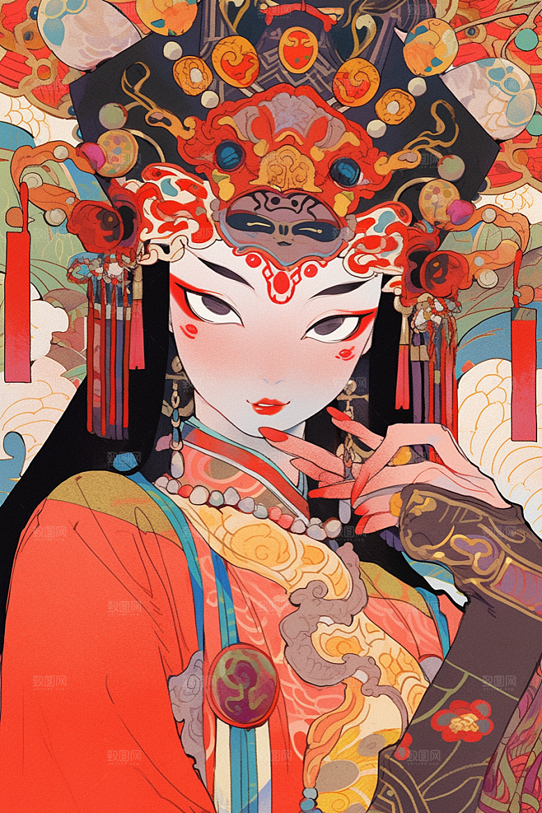 京剧女孩手绘扮相插画