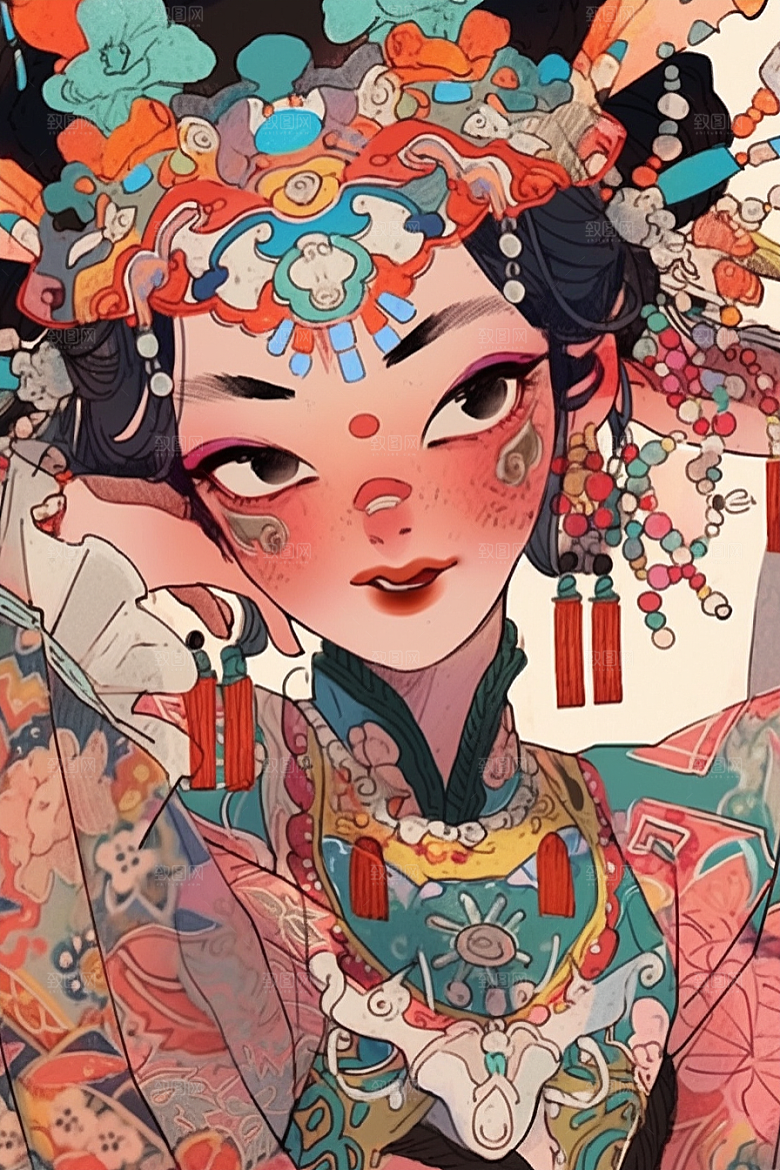 京剧女孩扮相国潮插画