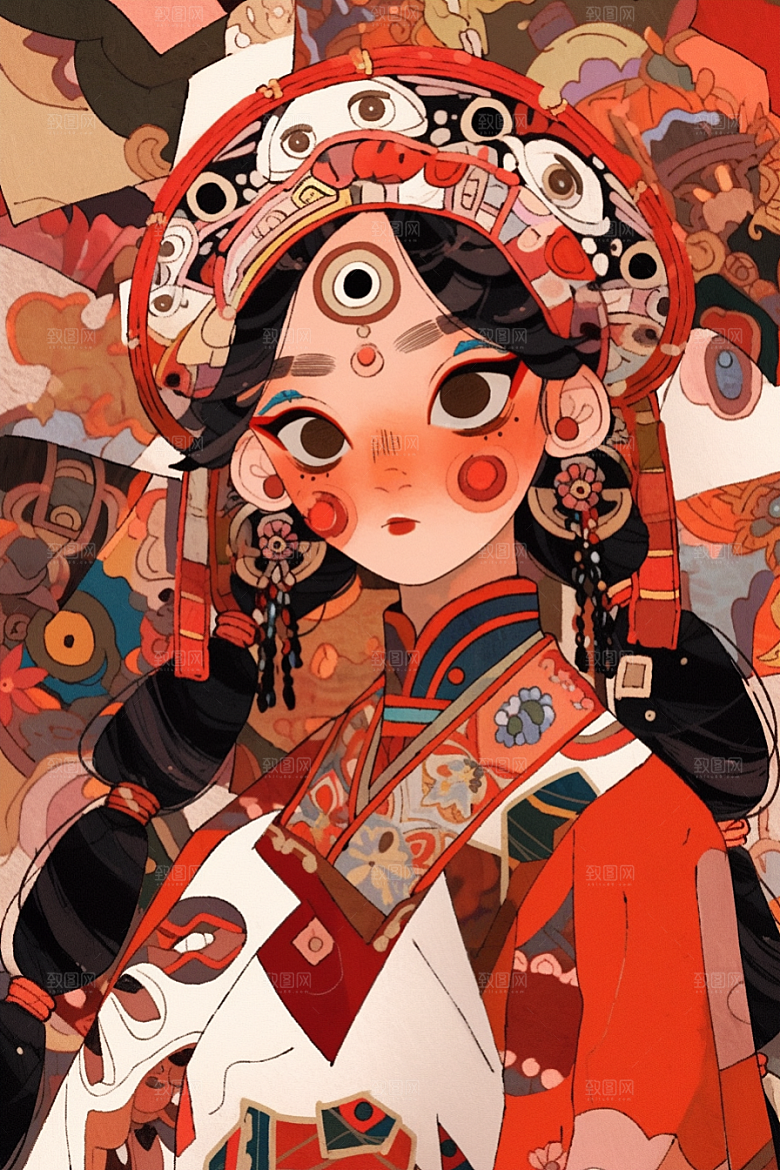 京剧女孩扮相戏剧插画