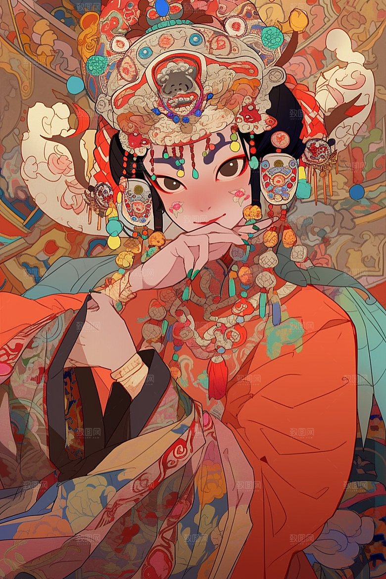 京剧女孩扮相国潮插画
