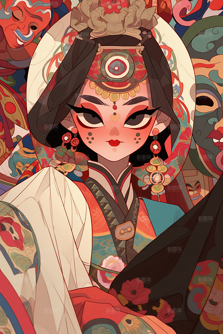 京剧女孩扮相中国风插画