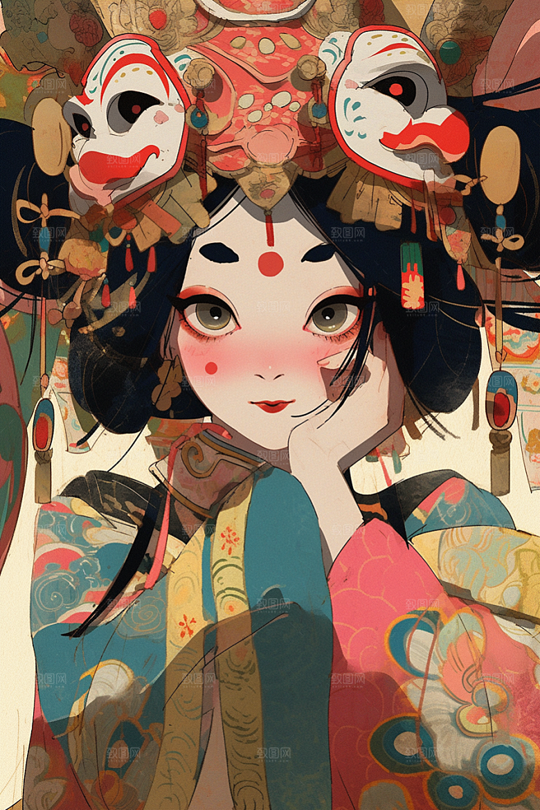 京剧女孩扮相中国风插画