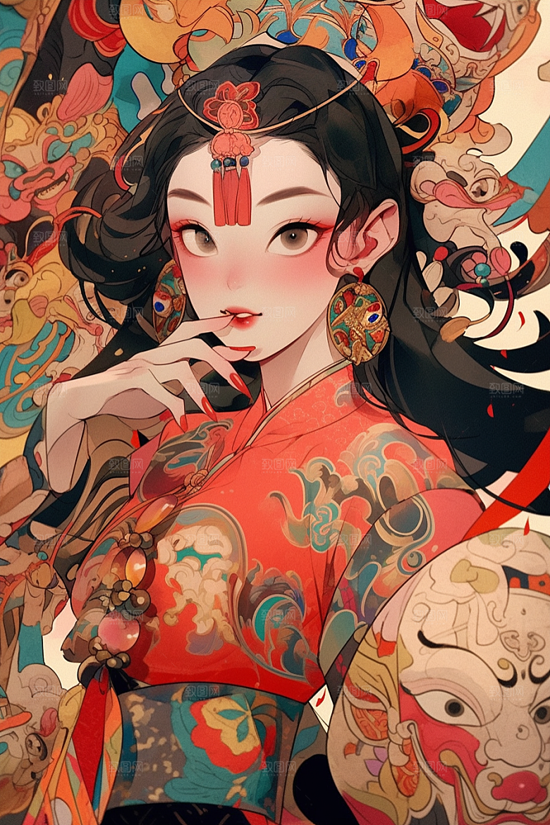 京剧女孩中式国潮插画