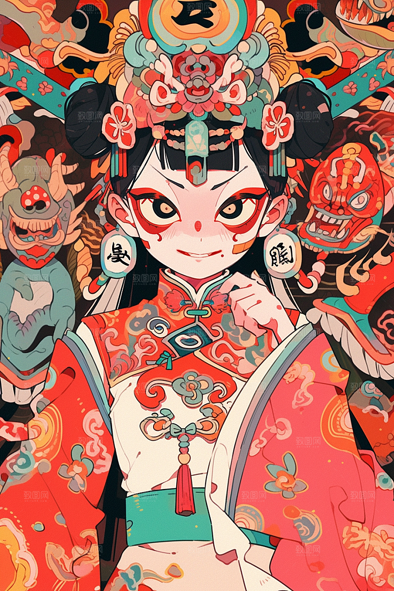 京剧女孩传统风格中式插画