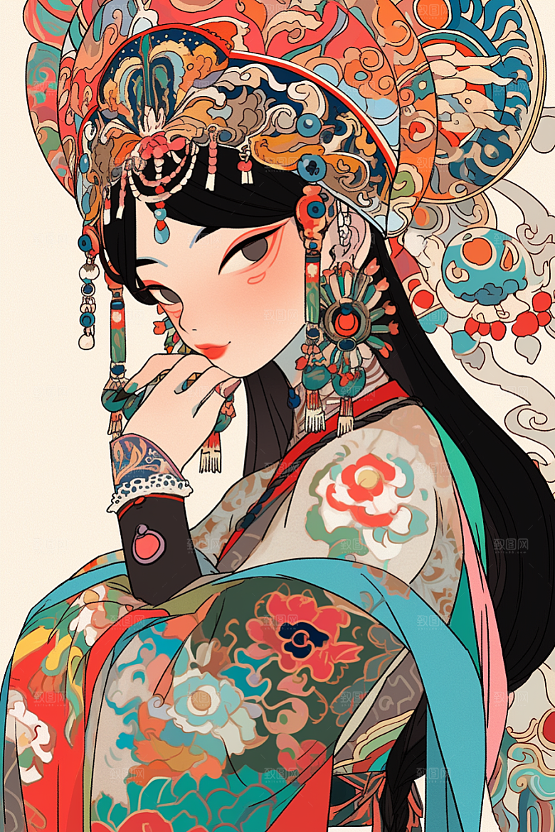 京剧女孩中式国潮插画