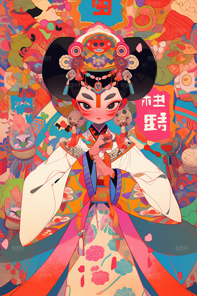 京剧女孩中国风扮相插画