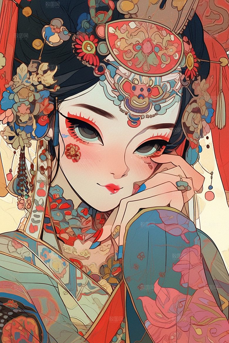 京剧女孩国粹传统风格插画