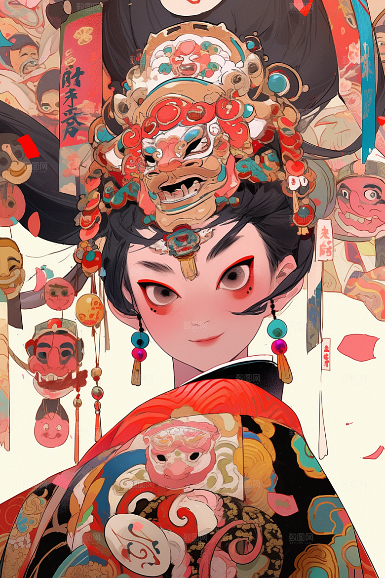 京剧女孩中国风传统风格插画