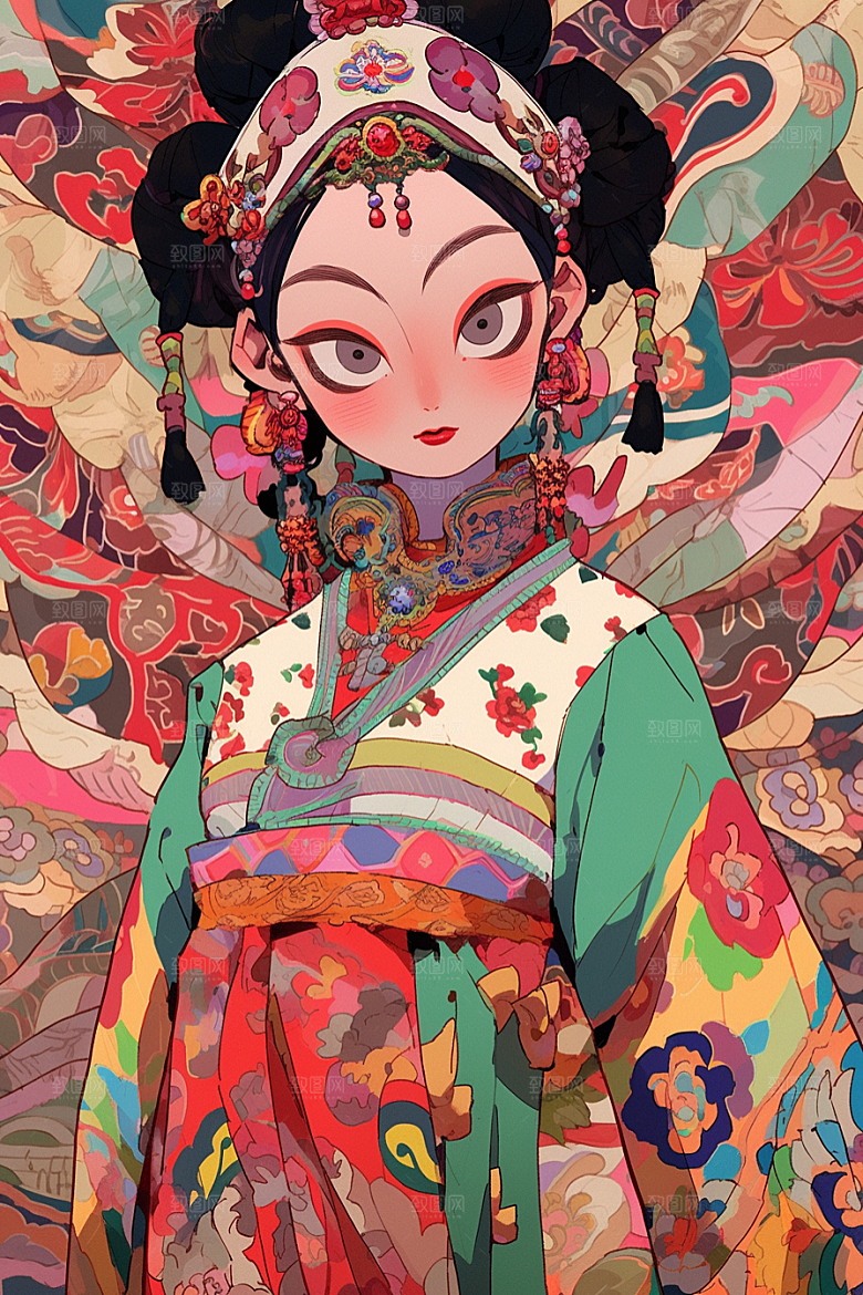 京剧女孩国潮中式插画