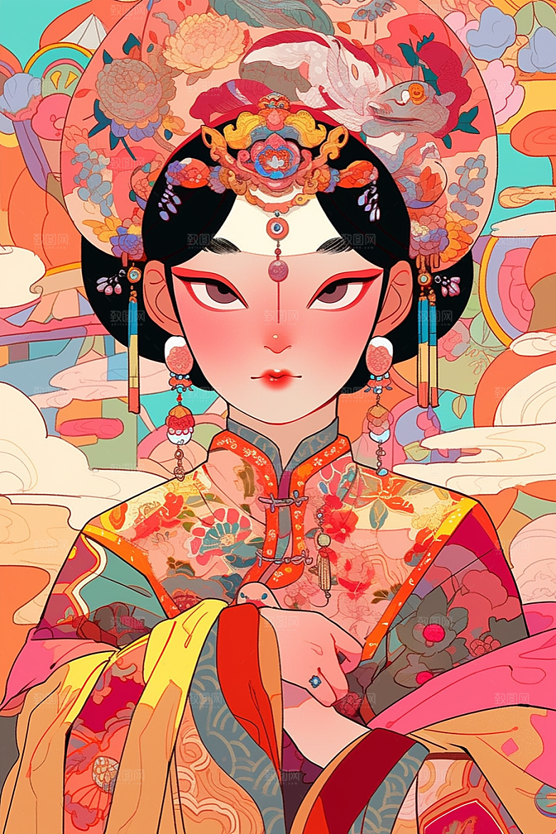 京剧女孩扮相手绘插画