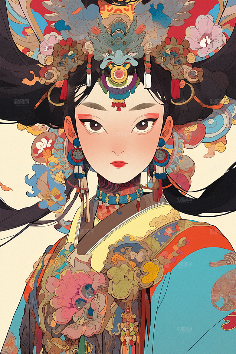 京剧女孩扮相传统风格插画