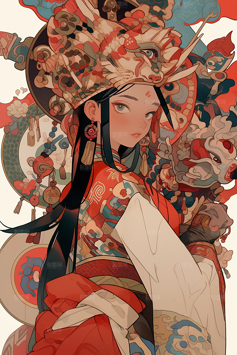 京剧女孩戏剧中式插画