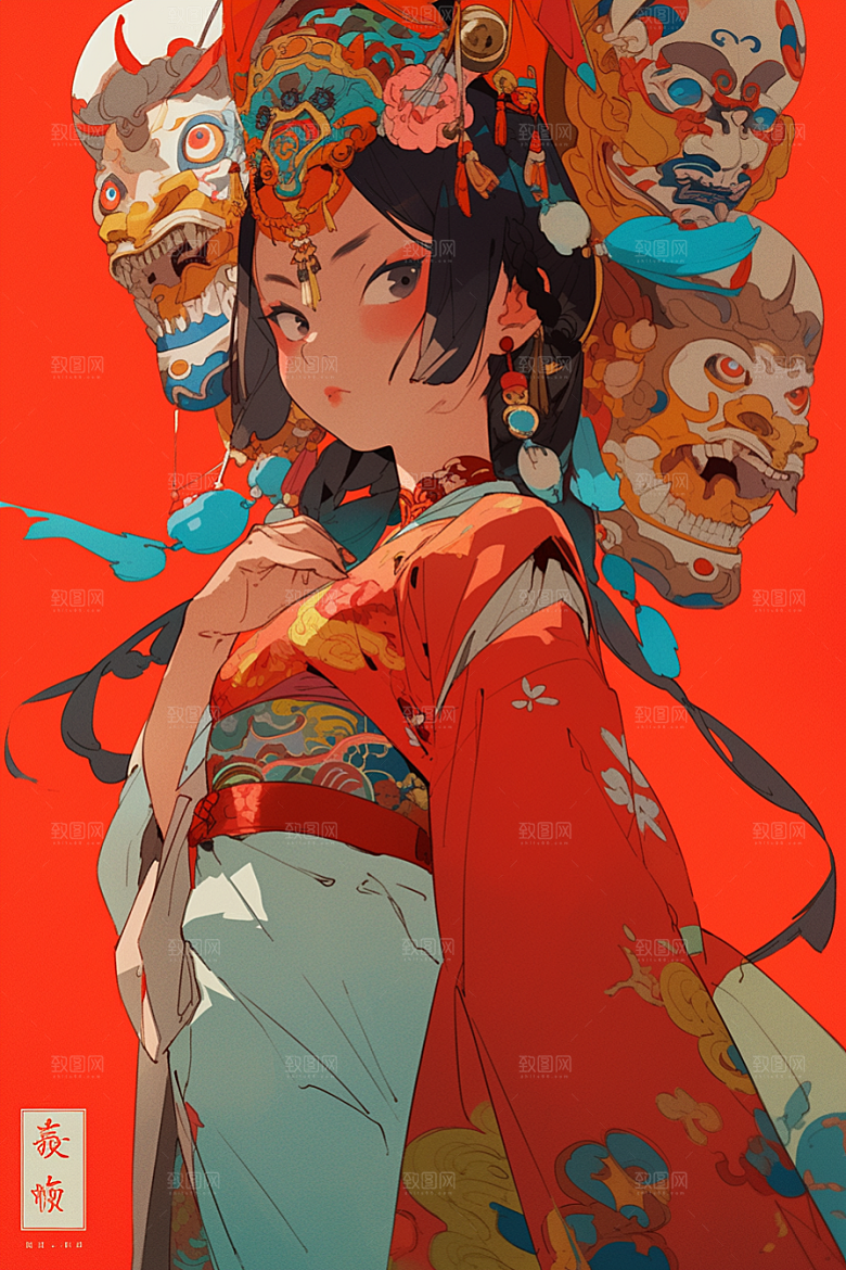 京剧女孩手绘中式插画