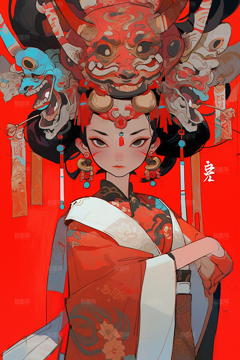 京剧女孩传统风格手绘插画