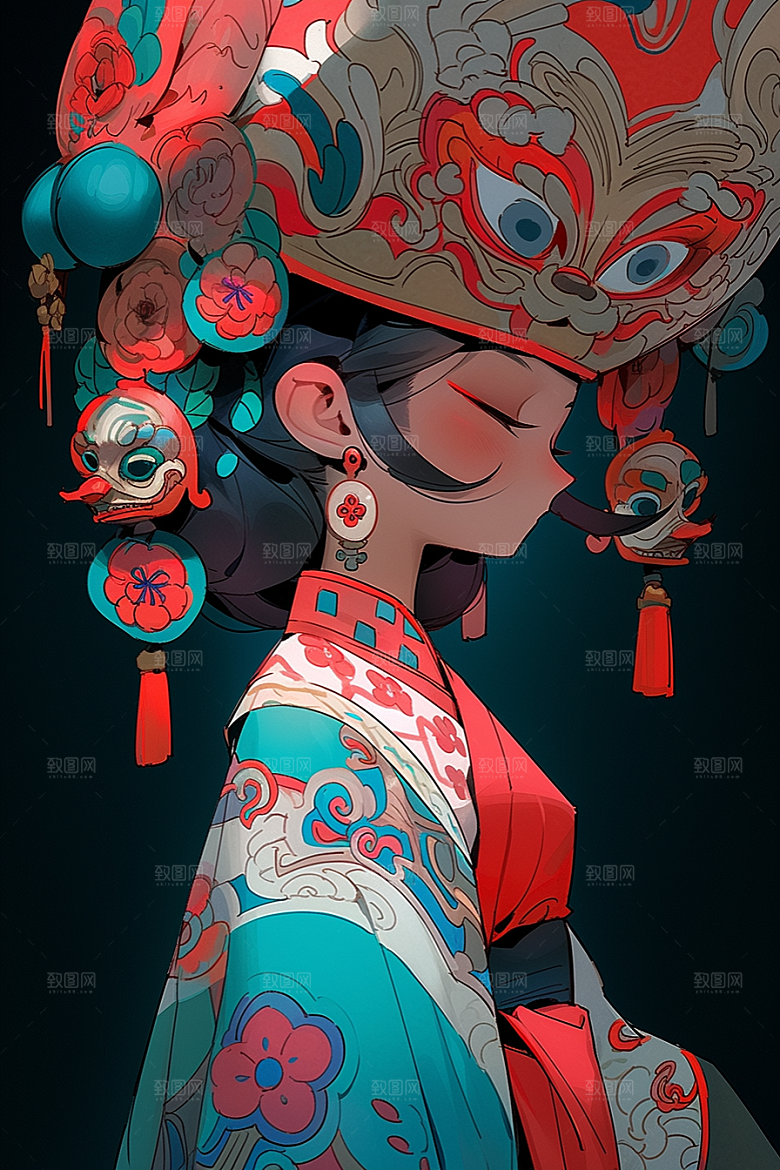 京剧女孩中国风手绘插画