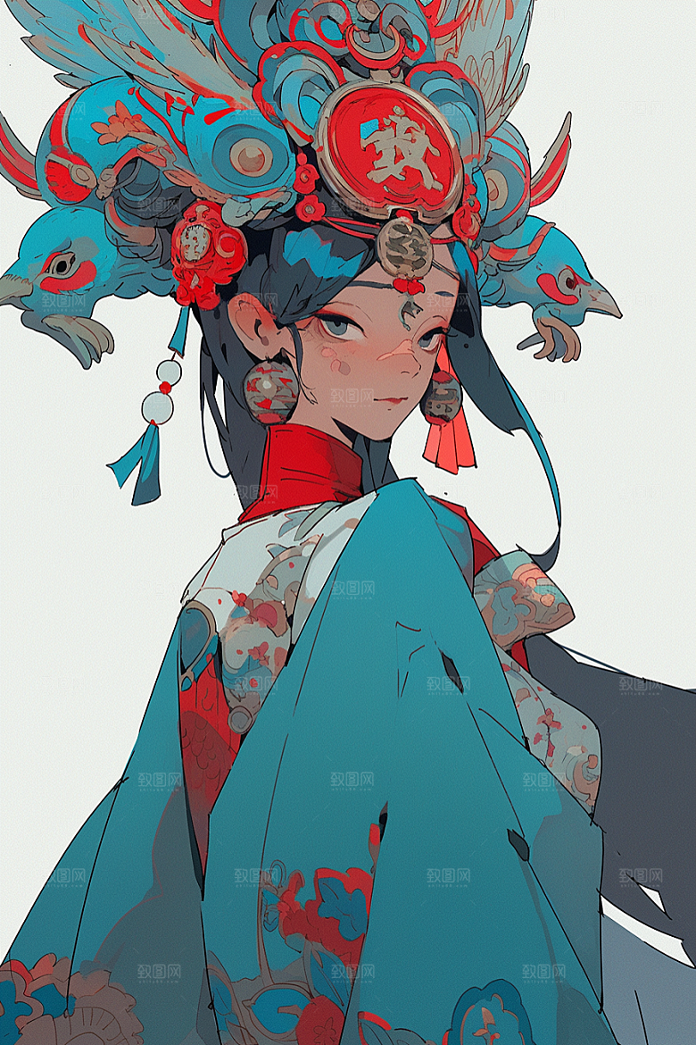 京剧女孩手绘传统风格插画