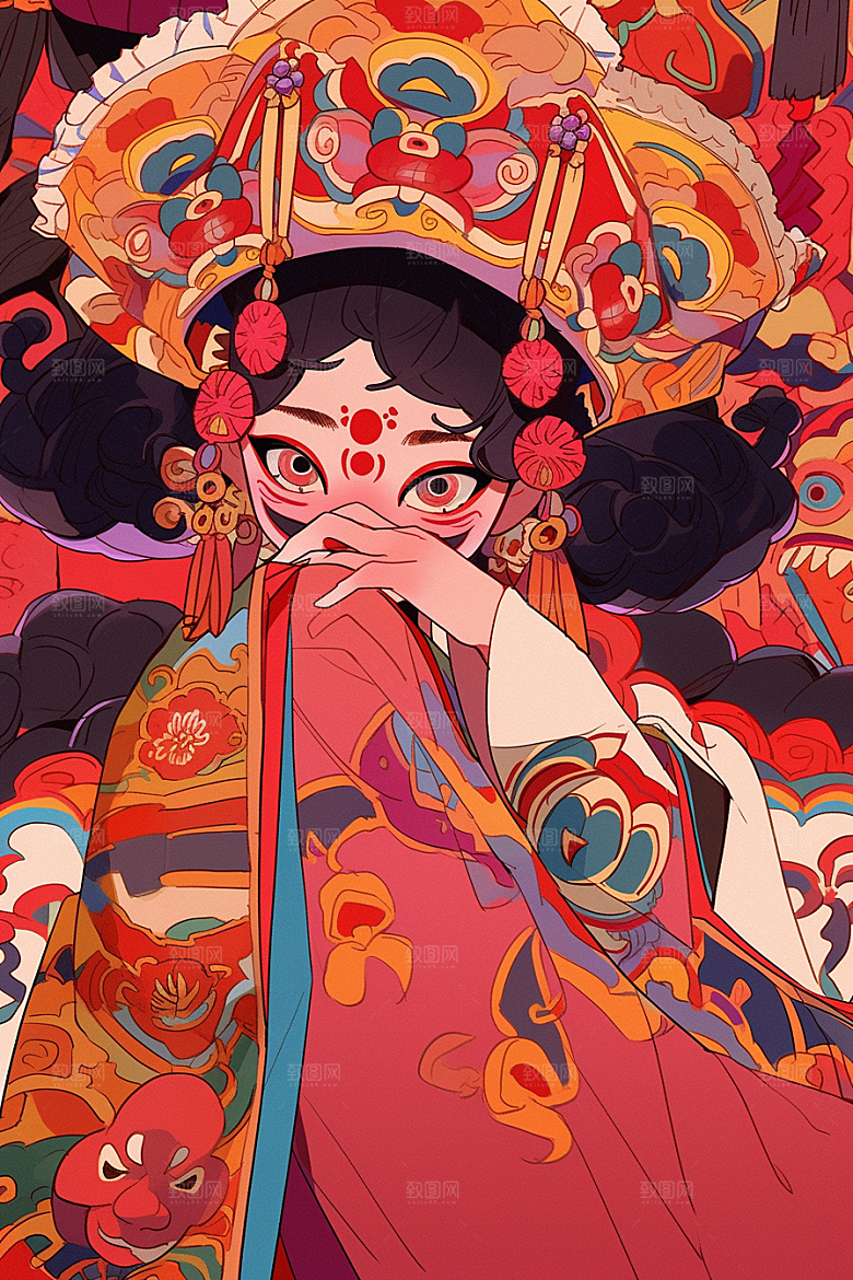 京剧女孩手绘扮相插画