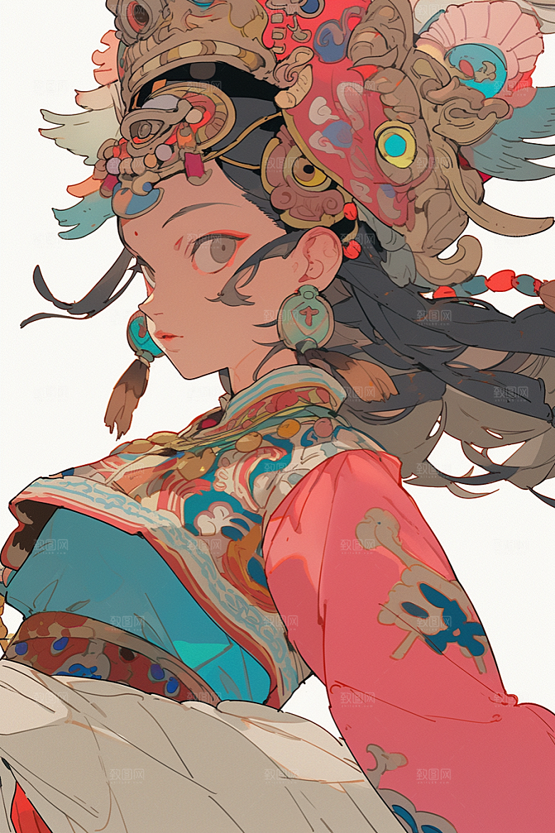 京剧女孩传统风格扮相插画
