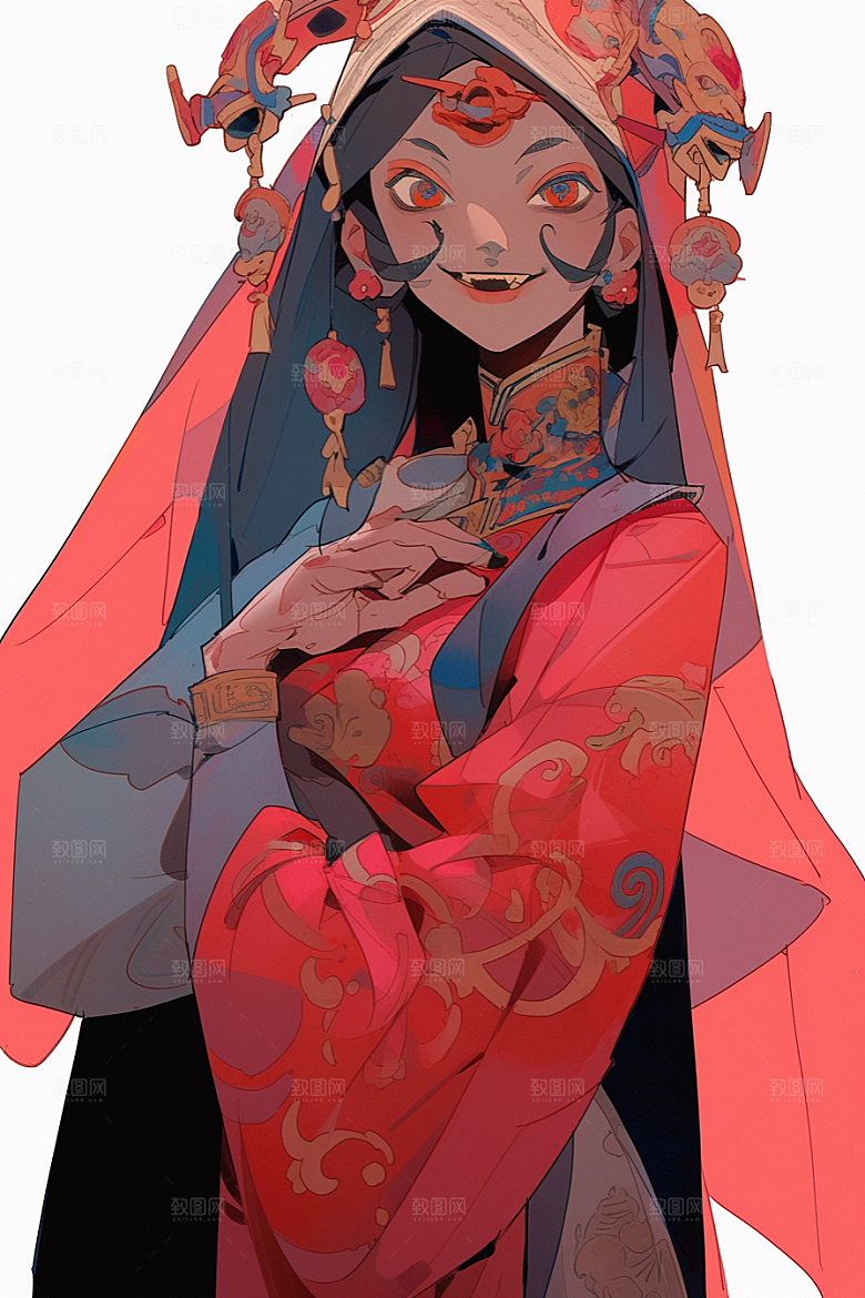京剧女孩扮相手绘插画