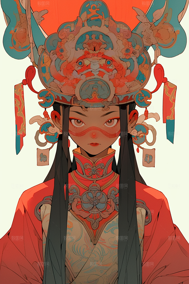 京剧女孩手绘传统风格插画