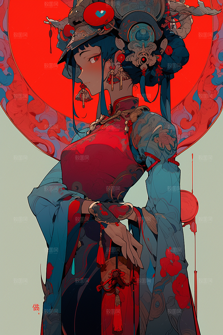京剧女孩国潮扮相插画