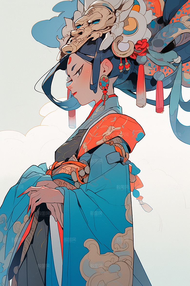 京剧女孩扮相手绘插画