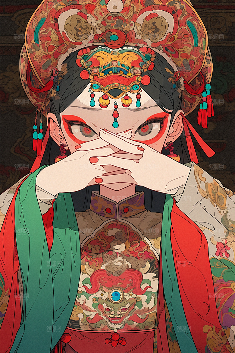 京剧女孩戏剧扮相插画