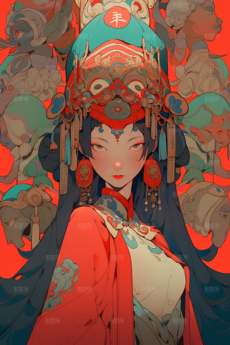 京剧女孩中式国潮插画