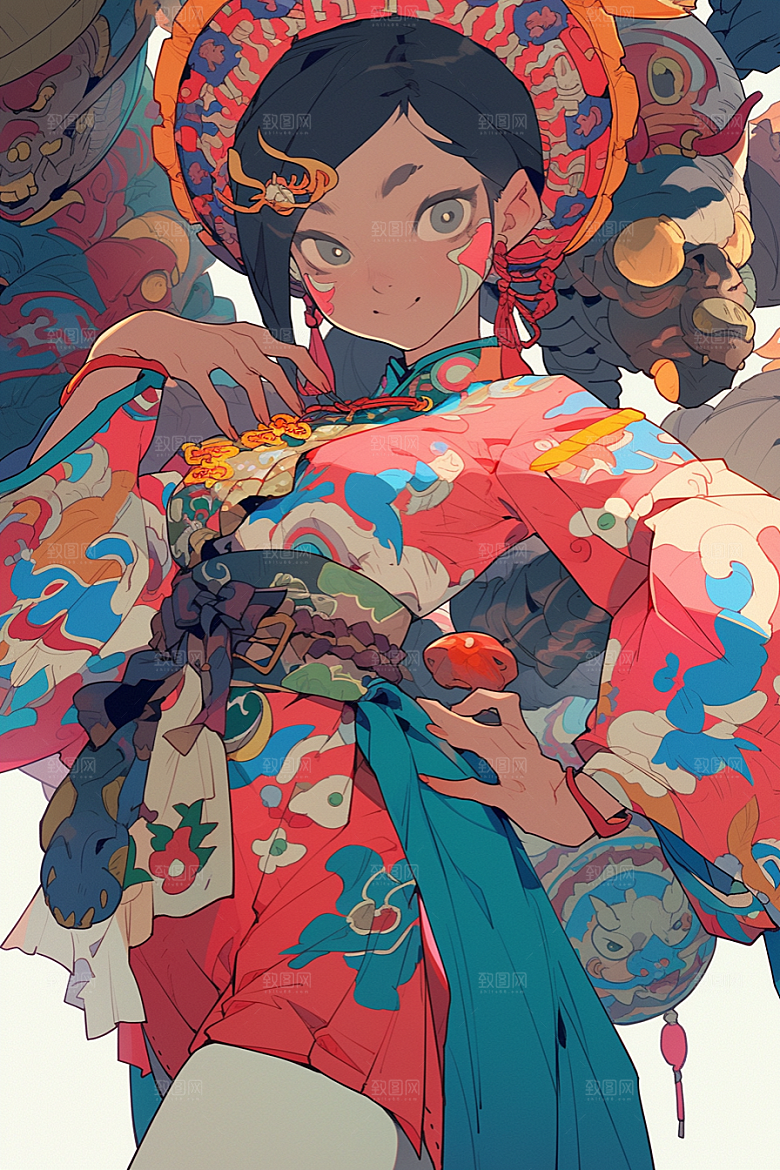 京剧女孩中国风手绘插画