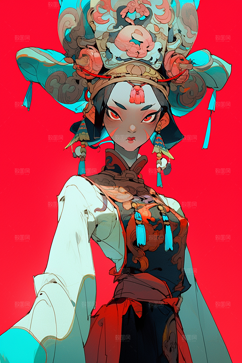 京剧女孩手绘戏剧插画