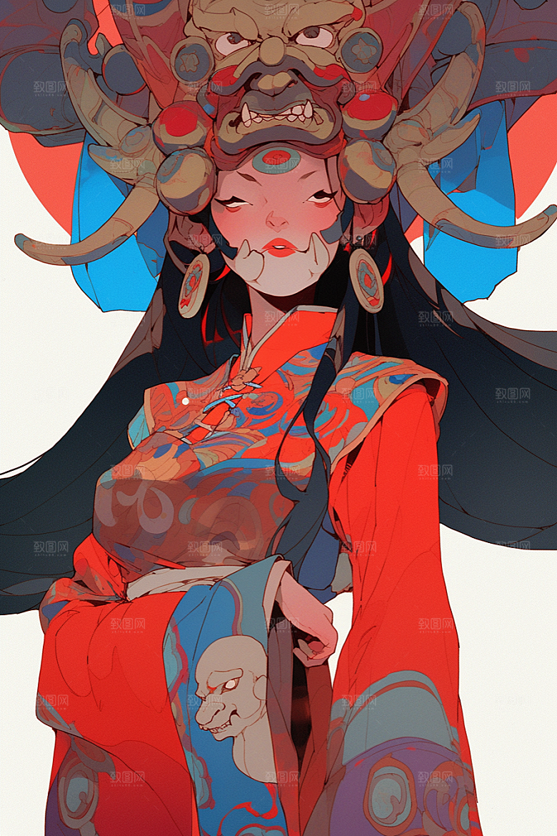 京剧女孩扮相戏曲插画