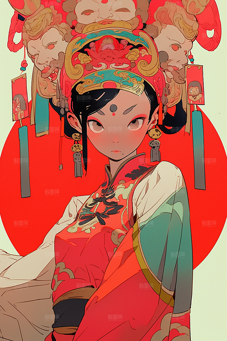 京剧女孩中国风扮相插画