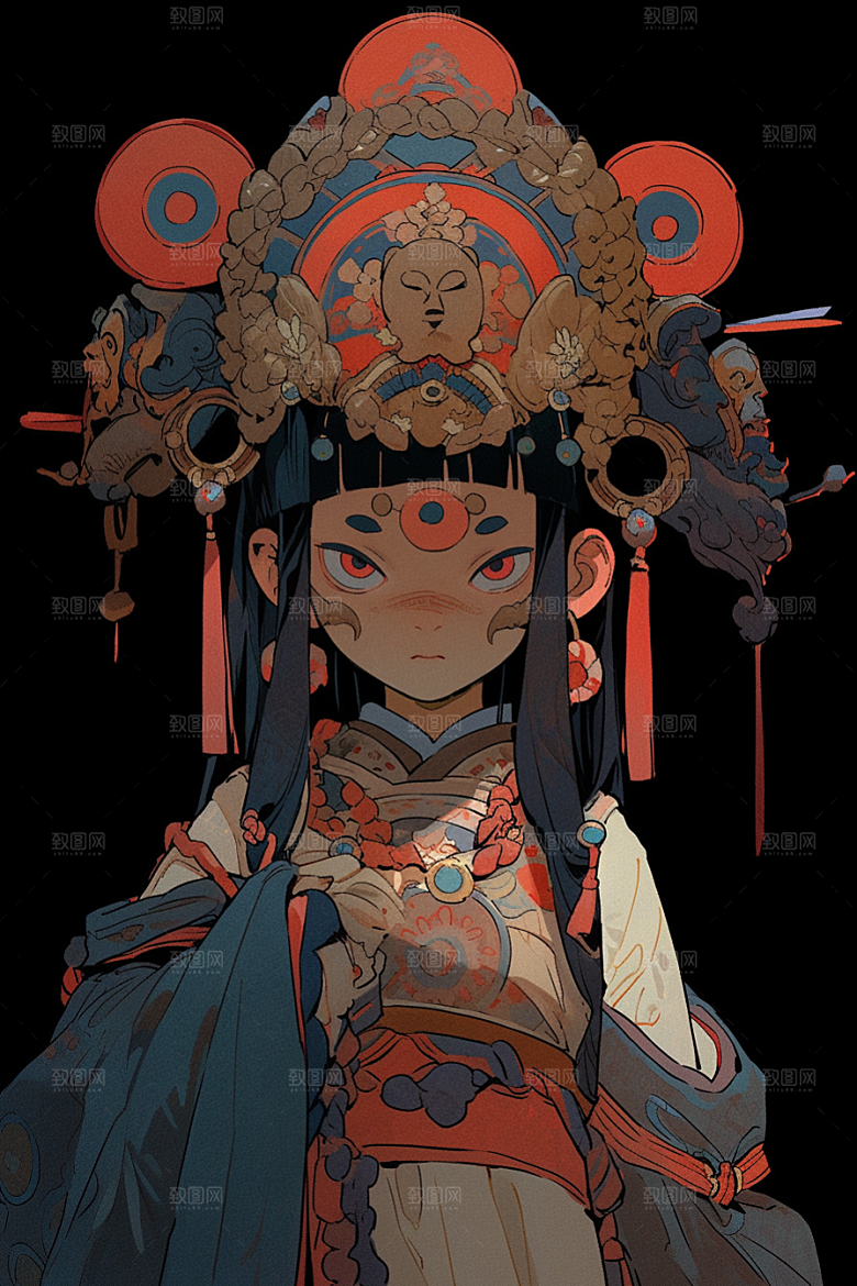 京剧女孩传统风格扮相插画