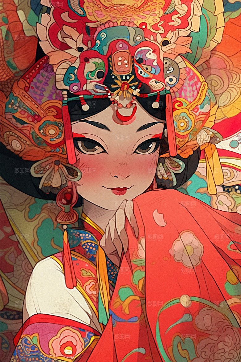 京剧女孩中国风传统风格插画