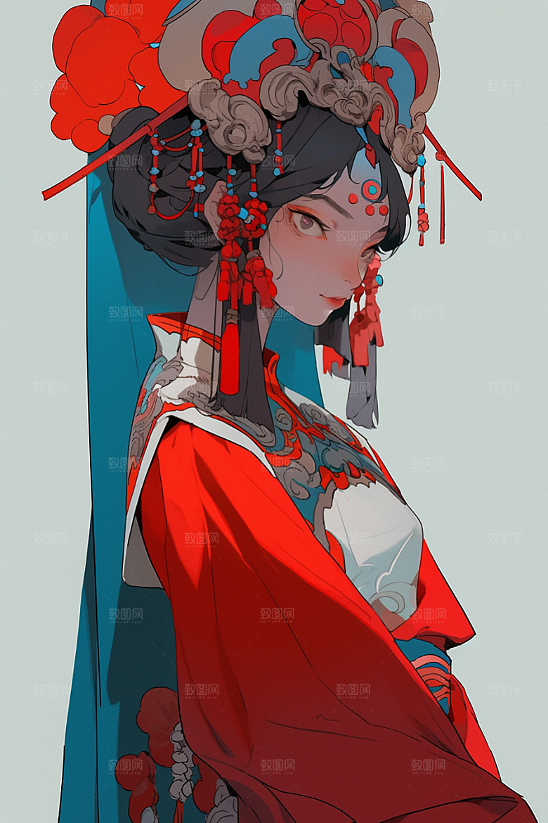 京剧女孩扮相中国风插画