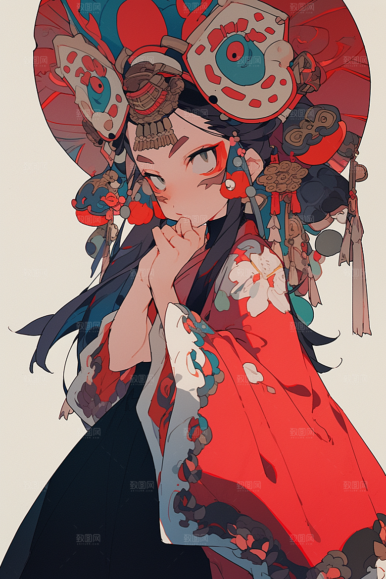 京剧女孩手绘传统风格插画