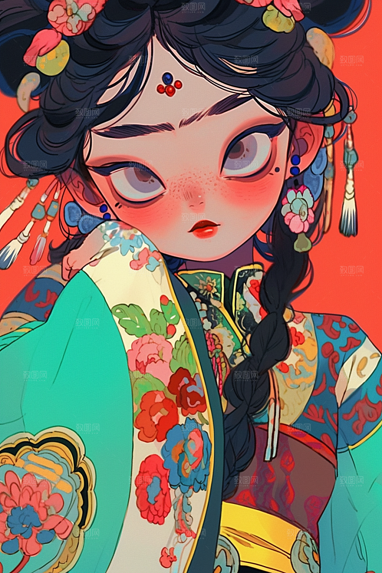 京剧女孩国潮传统风格插画