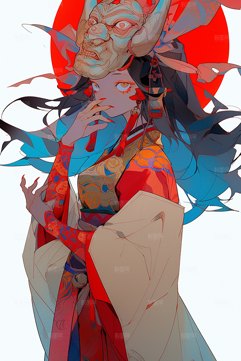 京剧女孩扮相手绘插画