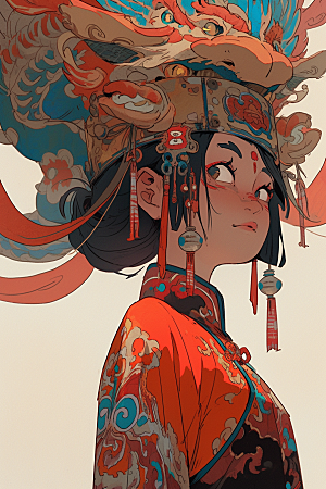 京剧女孩国潮扮相插画