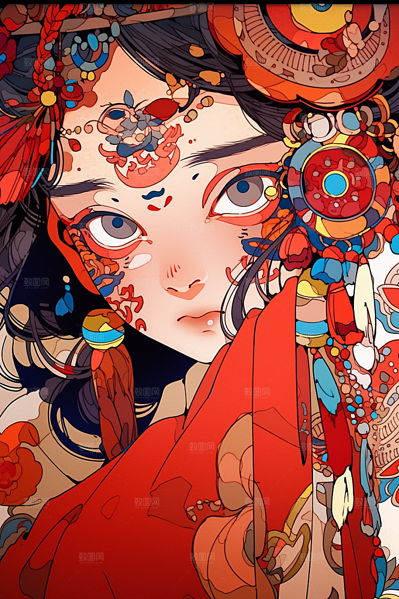 京剧女孩传统风格手绘插画