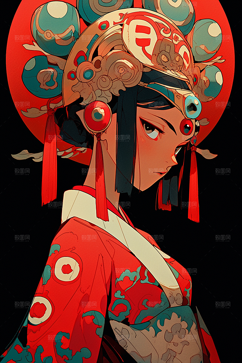 京剧女孩中国风手绘插画