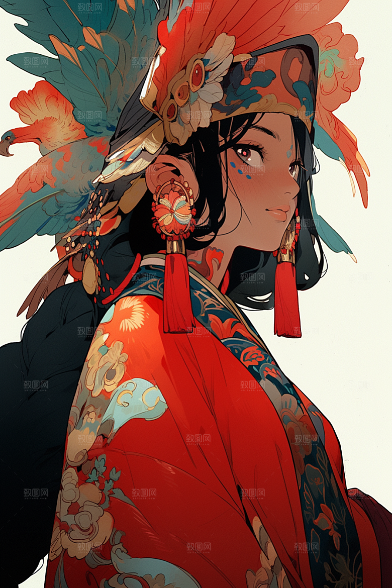京剧女孩手绘传统风格插画