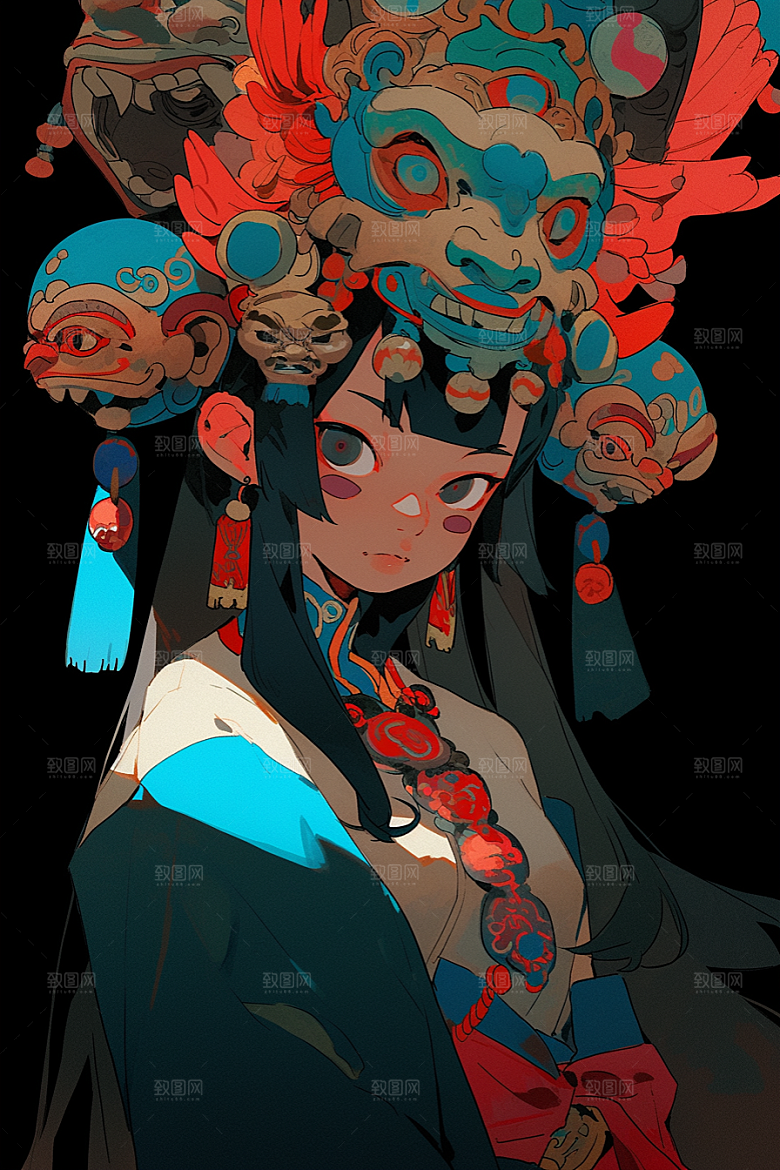 京剧女孩扮相国粹插画