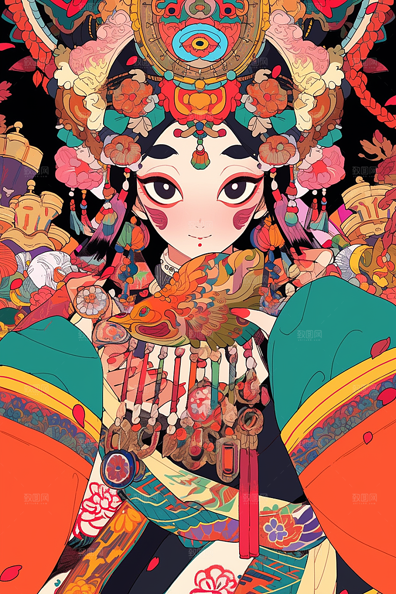 京剧女孩扮相中国风插画