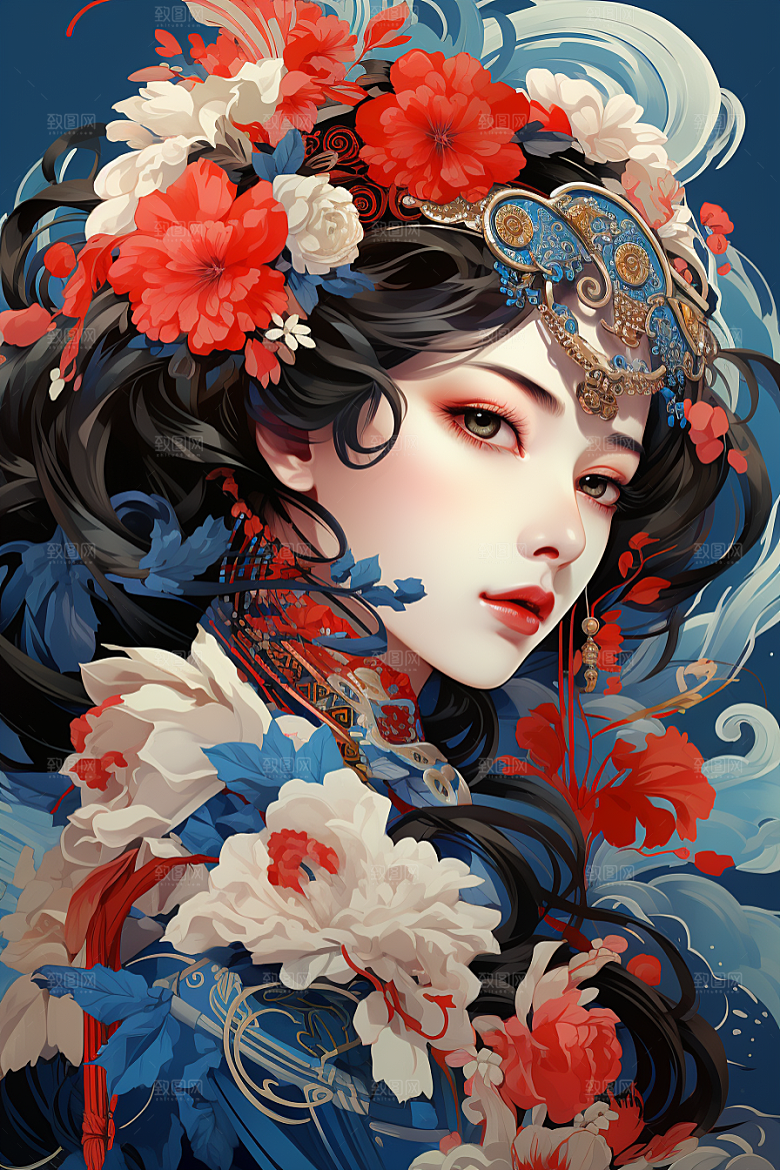 京剧女孩扮相国粹插画